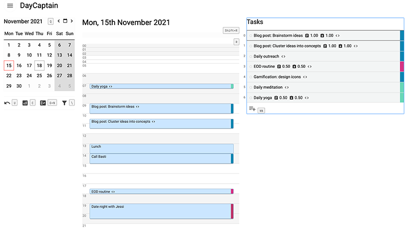 Screenshot of DayCaptain showing a day planning